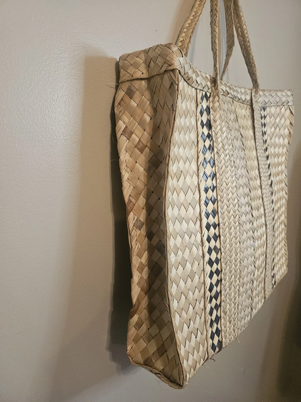 Woven Straw Tote Bag in Natural with Black Accent